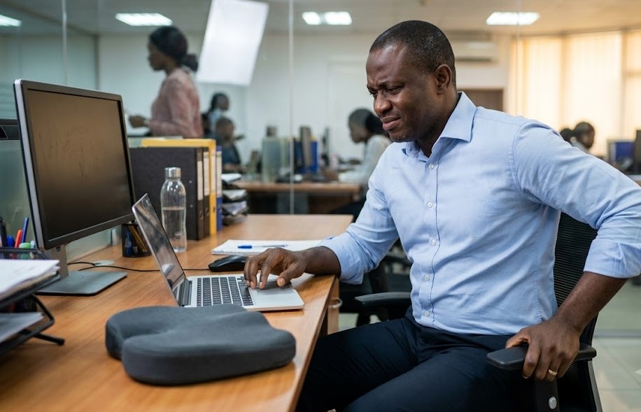 Nigerian man shifting in office chair